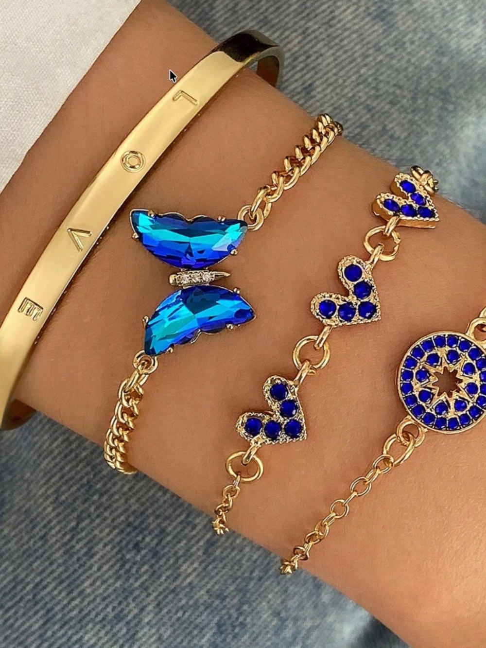 Luxe Gold Tone Butterfly Heart Rhinestone Chain Bracelet Set